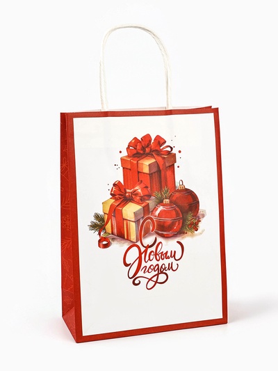 Пакет бумажный подарочный новогодний крафт «Подарки» 18×8×25 см