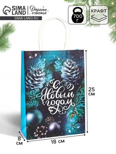 Пакет бумажный подарочный новогодний крафт «С Новым годом» 18×8×25 см