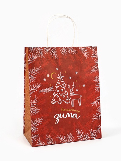 Пакет бумажный подарочный новогодний крафт «Волшебная зима» 27×21×11 см