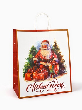 Пакет бумажный подарочный новогодний крафт «С Новым годом» 32?17.5?37 см (комплект 2 шт)