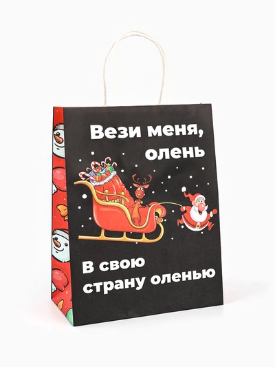 Пакет бумажный подарочный новогодний крафт, «Вези меня», 27×21×11 см