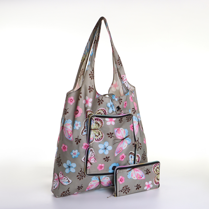 Сумка хозяйственная «Бабочки» на кнопке, складная, серая - Фото 1