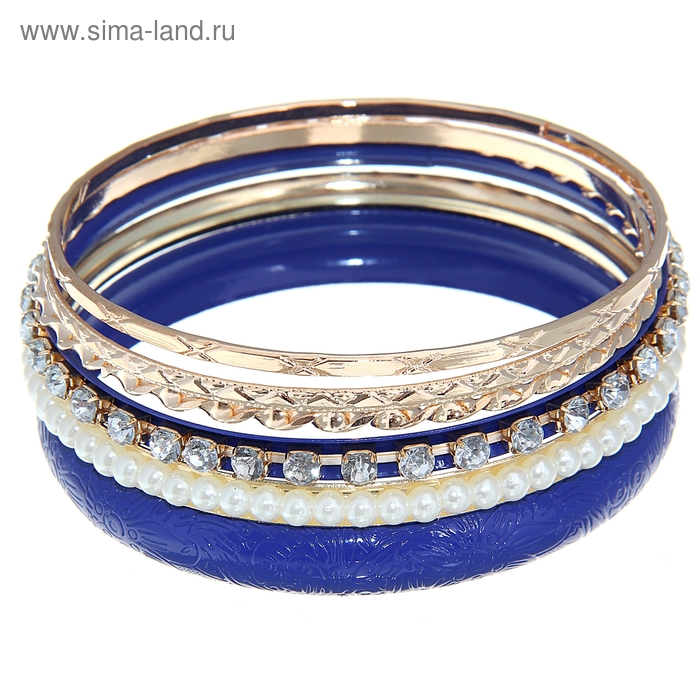 Браслет-кольца 6 колец "Матовое кольцо с жемчужинами", цвет синий в золоте - Фото 1