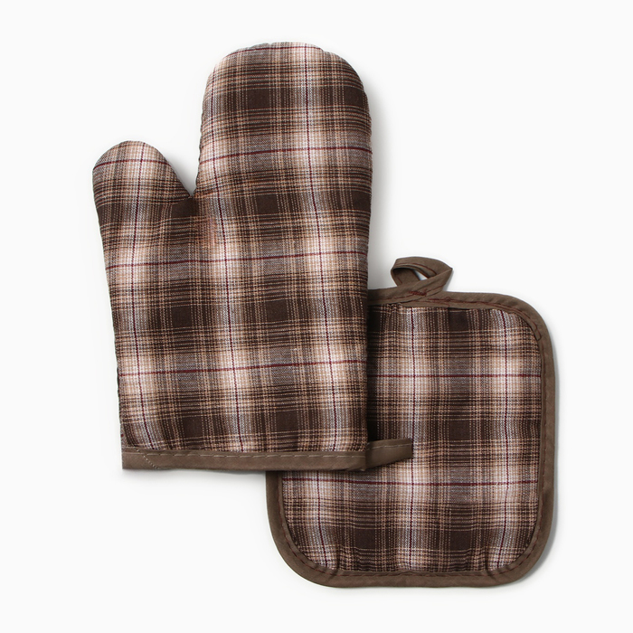 Кухонный набор (2 предмета) Этель «Клетка», прихватка 17×17 см, варежка-прихватка 26×16 см,100%п/э - Фото 1