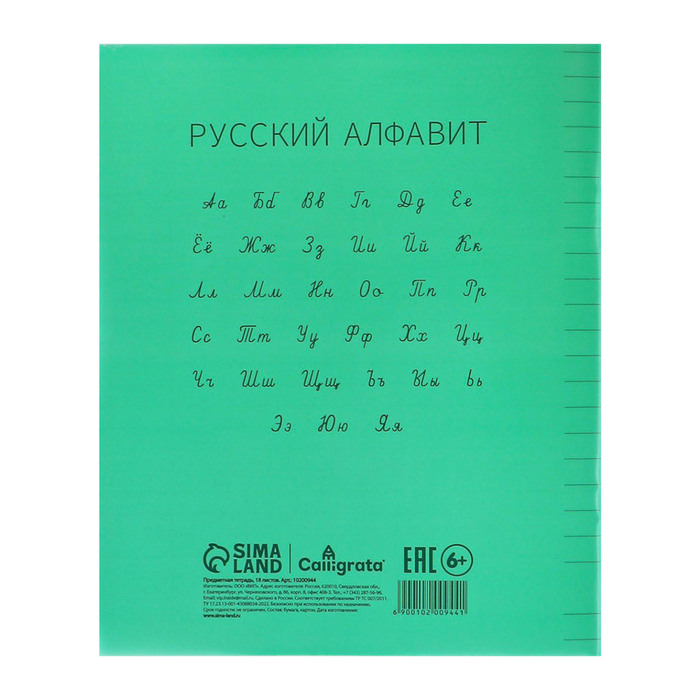 Тетрадь 18 листов в линию Calligrata "Зелёная", пластиковая обложка, с алфавитом, блок офсет