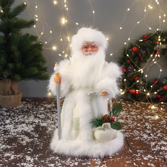 Дед Мороз под ёлку «Зимнее волшебство. В пушистой шубе, с мешком» двигается, 40 см, белый