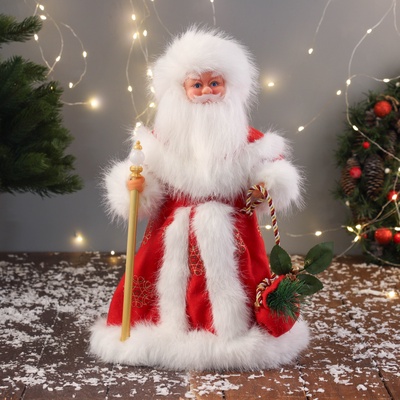 Дед Мороз под ёлку «Зимнее волшебство. Новогодняя игрушка в шубе, с мешком» двигается, 40 см, красный