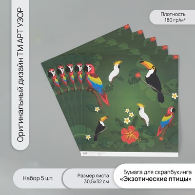 Бумага для скрапбукинга «Экзотические птицы», плотность 180 г, набор 5 шт., 30.5×32 см