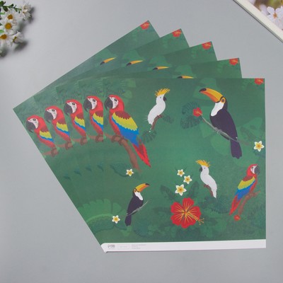 Бумага для скрапбукинга двусторонняя "Попугаи, фламинго и зебры" плотность 180 гр набор 5 шт 30,5х32
