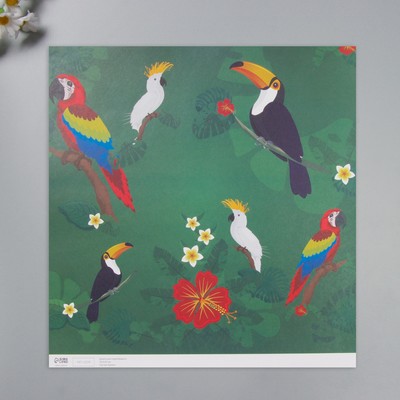 Бумага для скрапбукинга двусторонняя "Попугаи, фламинго и зебры" плотность 180 гр набор 5 шт 30,5х32