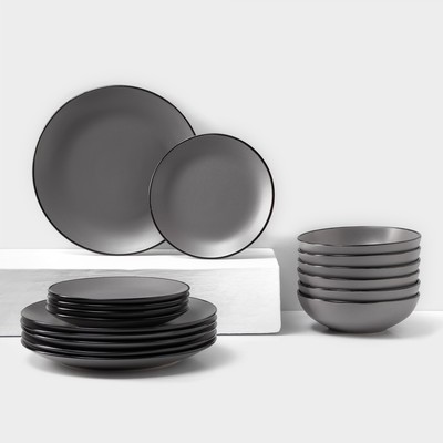 Набор тарелок кермических Доляна «Ваниль», 16 предметов: 5 тарелок d=19 см, 6 тарелок d=27 см, 6 мисок d=19 см, серый