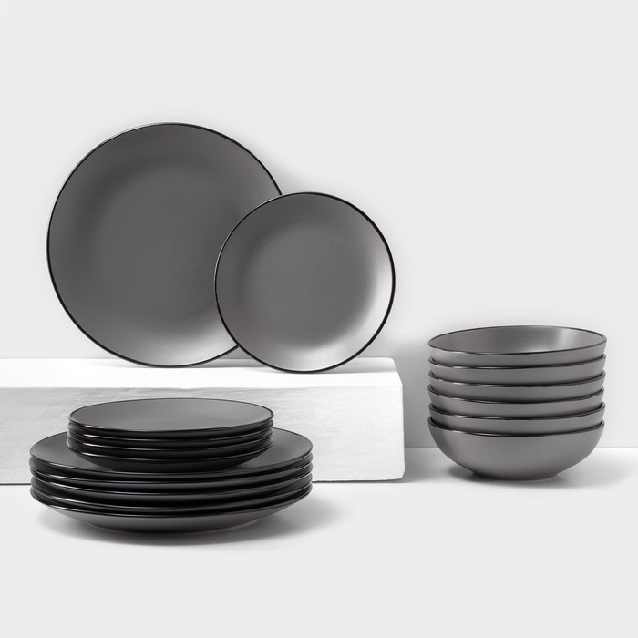 Набор тарелок кермических Доляна «Ваниль», 16 предметов: 5 тарелок d=19 см, 6 тарелок d=27 см, 6 мисок d=19 см, серый - Фото 1
