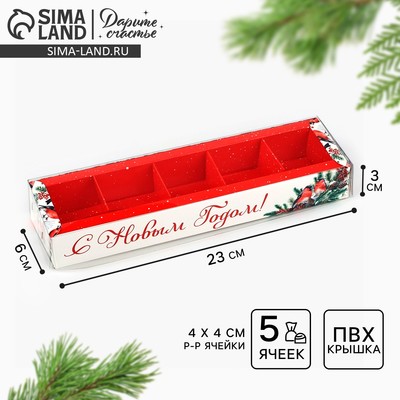 Коробка под 5 конфет новогодняя с ячейками «Снегири», 6×23×3 см