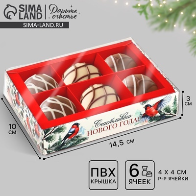 Коробка под 6 конфет с ячейками «Снегири», 10 х 14.5 х 3 см