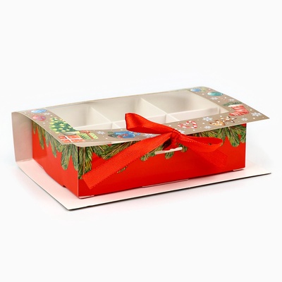 Коробка под 6 конфет с ячейками «Новогодние атрибуты» 14.5×9.5×3.5 см