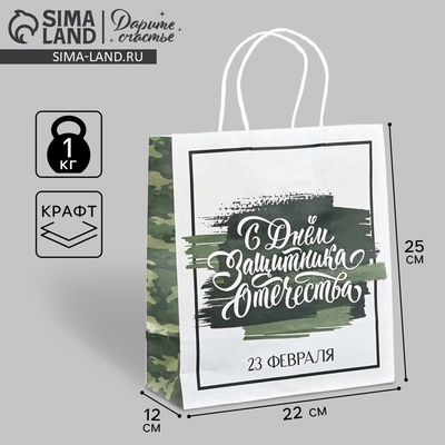 Пакет подарочный крафт «23 февраля», 25×22×12 см