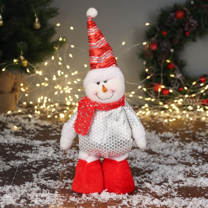 Игрушка мягкая «Снеговик в блестящем костюме» 36×17 см, красно-белый - Фото 1