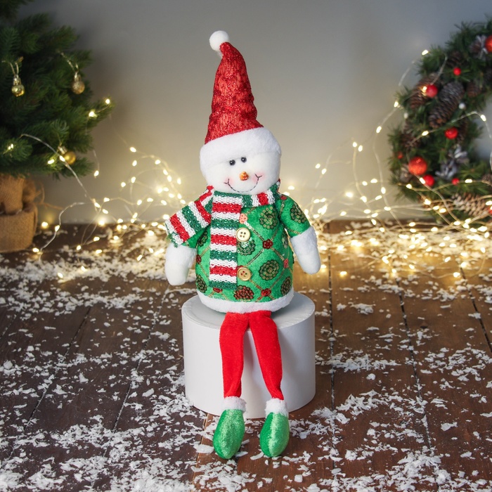 Игрушка мягкая «Снеговик в сияющем костюме с длинными ножками» 42×19 см, красно-зелёный - Фото 1