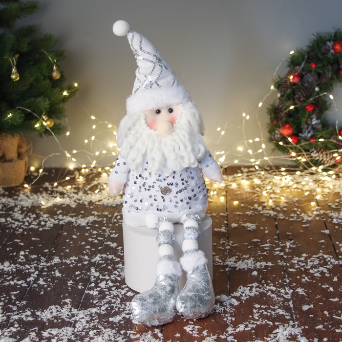 Игрушка мягкая «Дед Мороз в костюмчике с пайетками» 49×17 см, серебристо-белый - Фото 1