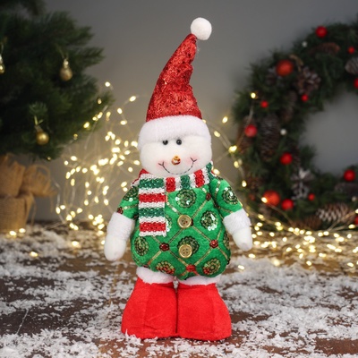 Игрушка мягкая «Снеговик в сияющем костюме» 34×17 см, красно-зелёный