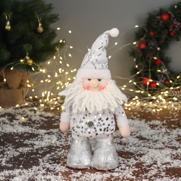 Игрушка мягкая «Дед Мороз в блестящем колпаке» 36×19 см, серебристо-белый - Фото 1