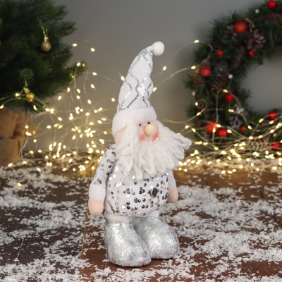 Игрушка мягкая «Дед Мороз в блестящем колпаке» 36×19 см, серебристо-белый