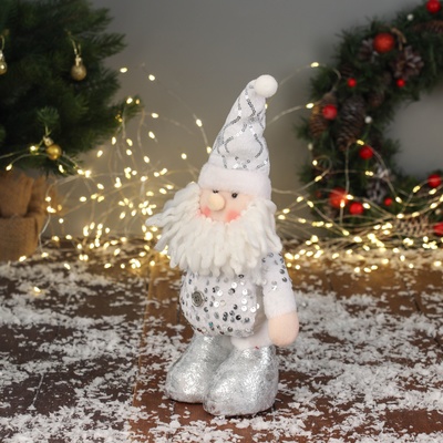 Игрушка мягкая «Дед Мороз в блестящем колпаке» 36×19 см, серебристо-белый