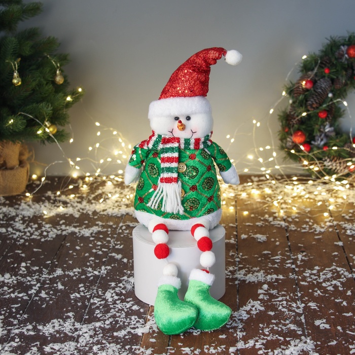 Игрушка мягкая «Снеговик в сияющем костюме и шарфике» 49×19 см, красно-зелёный - Фото 1