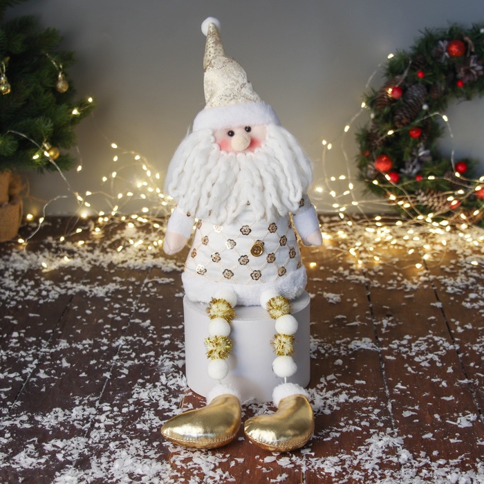 Мягкая игрушка «Дед Мороз в костюме с цветочками и в колпаке» 48×19 см, золотисто-белый - Фото 1