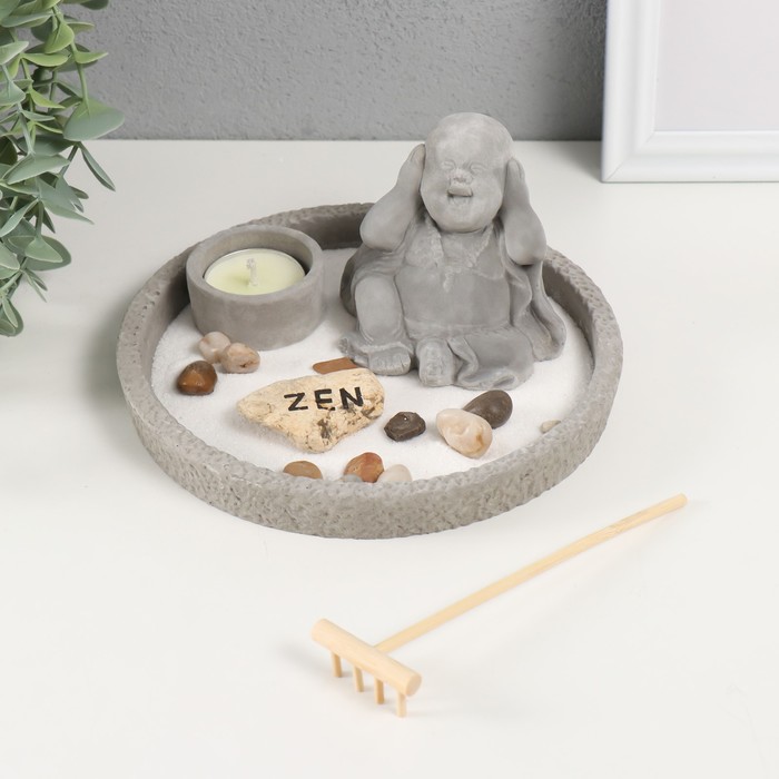 Японский сад камней настольный «Дзен. Хотей ничего не слышу», со свечой, набор аксессуаров, d=16.5 см
