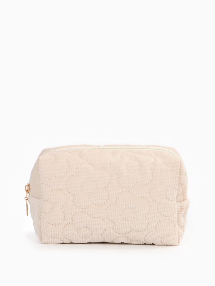 Косметичка объёмная на молнии, маленькая, с вышивкой, молочная - Фото 1