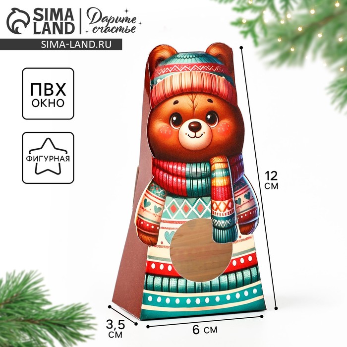 Коробка складная с окном «Мишка», 6 х 12.4 х 3.5 см, Новый год - Фото 1