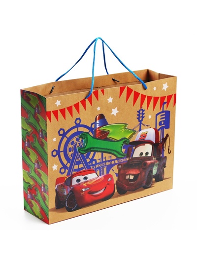 Пакет подарочный крафт Happy Birthday, Champion, 40×31×11.5 см, Тачки