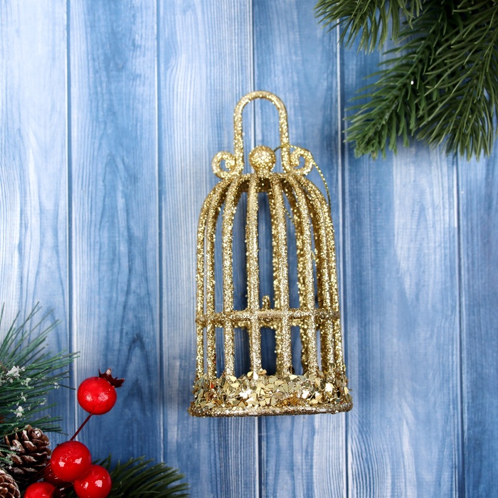 Ёлочная игрушка «Зимнее волшебство. Клетка блеск» пластик, 12,5х6,5 см, золото - Фото 1