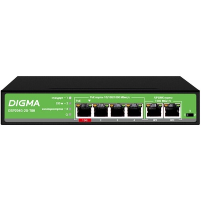 Коммутатор Digma DSP204G-2G-T80, L2, 6×1 ГБит/с, 4PoE, 4PoE+, 1PoE++, 80 Вт, неуправляемый
