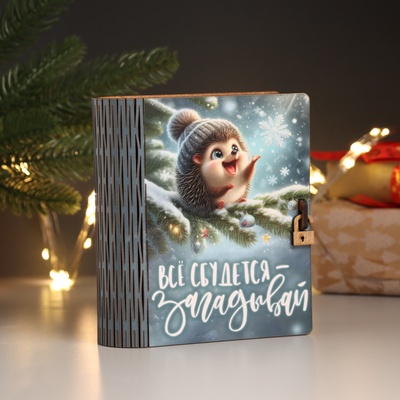 Новогодняя деревянная шкатулка-книга «Ёж» 14×12×5 см