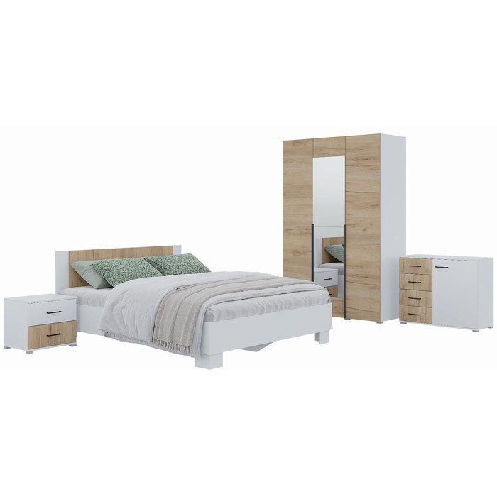 Спальный гарнитур «Бостон», кровать 1600 мм, комод, 2 тумбы, шкаф 1200 мм, белый/дуб золотой - Фото 1