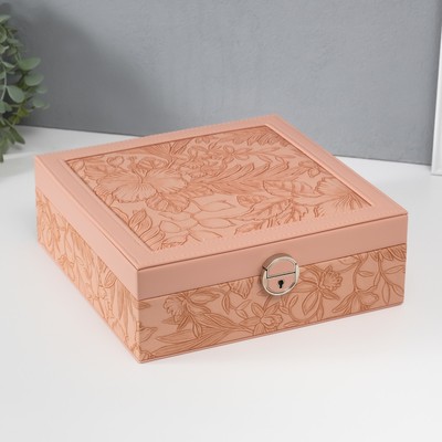 Шкатулка для украшений «Цветы», с зеркалом, искусственная кожа, с замком, розовая, 25×25×8 см