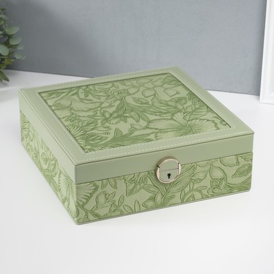 Шкатулка для украшений «Цветы», с зеркалом, искусственная кожа, с замком, серо-зелёная, 25×25×8 см