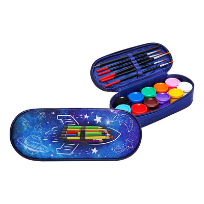 Пенал мягкий, 1 отделение, 95×205×45 мм, футляр, с наполнением 17 предметов, гуашь 11 цветов, Calligrata «Ракета карандаши»