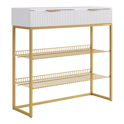 Обувница в прихожую «Классная 1», 2 ящика, 2 полки, 952×335×907 мм, цвет белое дерево/белый матовый/золото