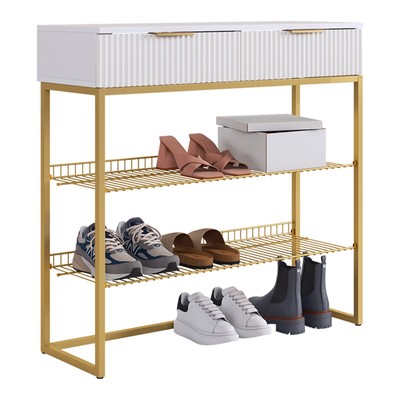 Обувница в прихожую «Классная 1», 2 ящика, 2 полки, 952×335×907 мм, цвет белое дерево/белый матовый/золото