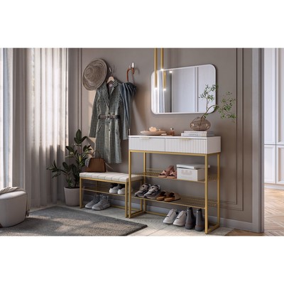 Обувница в прихожую «Классная 1», 2 ящика, 2 полки, 952×335×907 мм, цвет белое дерево/белый матовый/золото