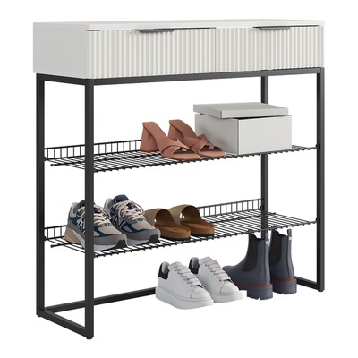 Обувница в прихожую «Классная 1», 2 ящика, 2 полки, 952×335×907 мм, цвет белое дерево/белый матовый/чёрный муар