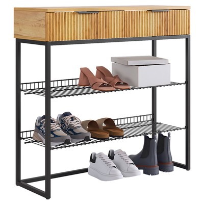 Обувница в прихожую «Классная 1», 2 ящика, 2 полки, 952×335×907 мм, цвет дуб крафт золотой/акация светлая/чёрный муар