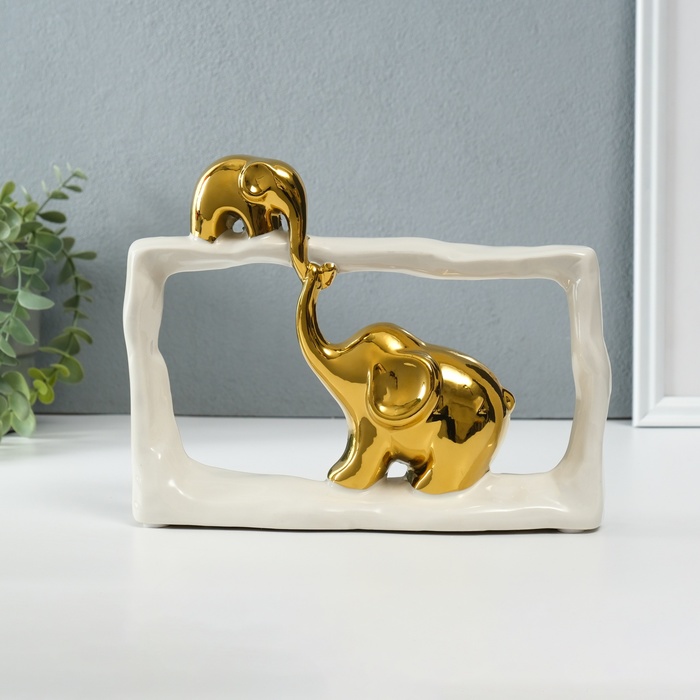 Фигурка керамика «Слон со слонёнком - касание. Прямоугольник», белый с золотом, 6×23×16.5 см - Фото 1