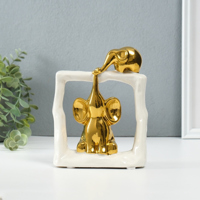 Фигурка керамика «Слонята - поддержка. Квадрат», белый с золотом, 6×13.5×17.5 см - Фото 1
