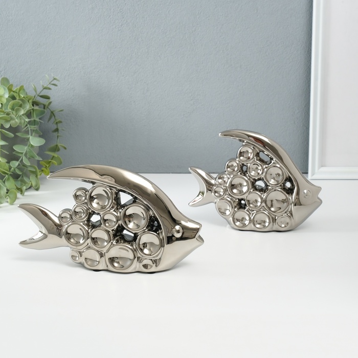Набор фигурок керамика «Две рыбки - пузырьки», серебро, 2 шт., 4.8×22×12 см; 4.8×17.5×13 см - Фото 1