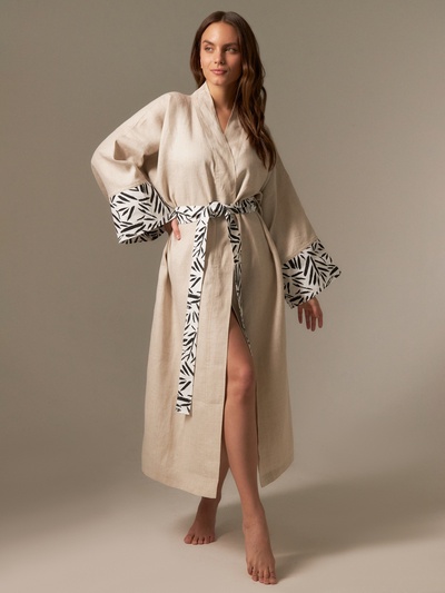 Халат женский домашний SL HOME Floral, размер 44-52, лён 100%, серый