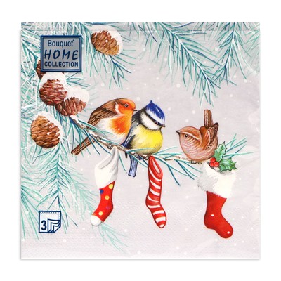 Салфетки новогодние бумажные Home Collection Classic «Птички на ветке», 3 слоя, 33×33 см, 20 шт.